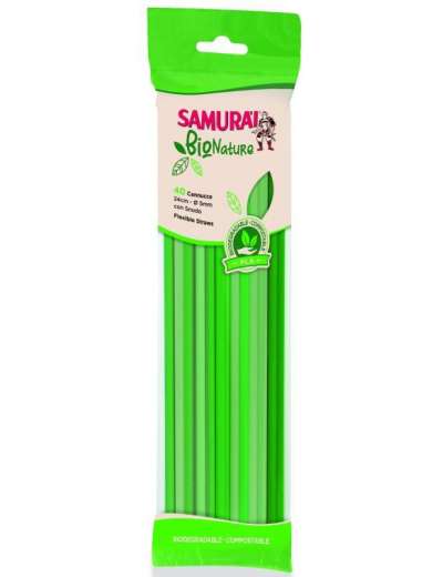 SAMURAI BIO NATURE 40 CANNUCCE VERDI CON SNODO BIODEGRADABILE COMPOSTABLE IN PLA (24 CM X 5 MM)